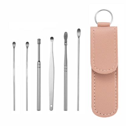 6 In 1 Stainless Steel Spring Spiral Portable Ear Pick, Yellow Leather Case, Pink Leather Case, Yellow, Blue, Pink, Green, Purple, Black