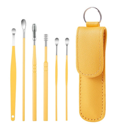6 In 1 Stainless Steel Spring Spiral Portable Ear Pick, Yellow Leather Case, Pink Leather Case, Yellow, Blue, Pink, Green, Purple, Black