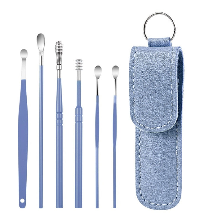 6 In 1 Stainless Steel Spring Spiral Portable Ear Pick, Yellow Leather Case, Pink Leather Case, Yellow, Blue, Pink, Green, Purple, Black