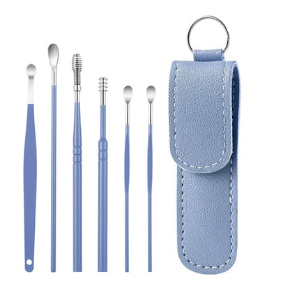 6 In 1 Stainless Steel Spring Spiral Portable Ear Pick, Yellow Leather Case, Pink Leather Case, Yellow, Blue, Pink, Green, Purple, Black