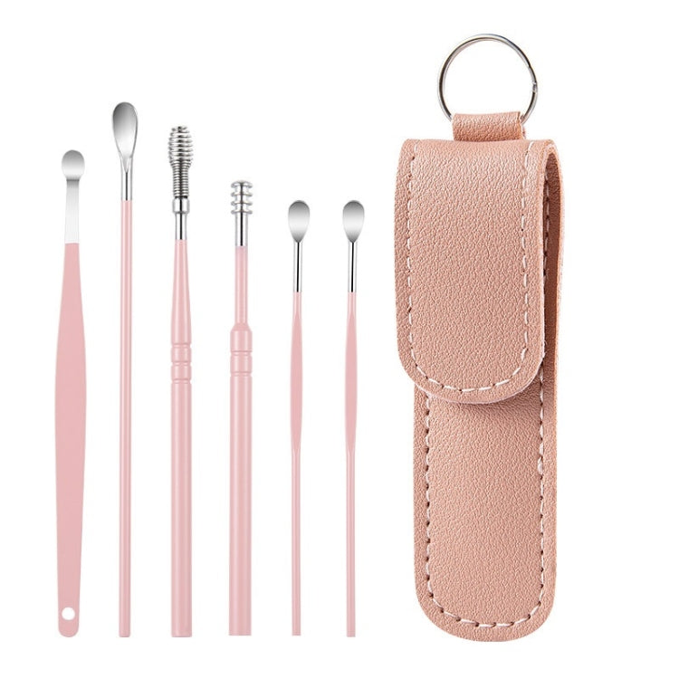 6 In 1 Stainless Steel Spring Spiral Portable Ear Pick, Yellow Leather Case, Pink Leather Case, Yellow, Blue, Pink, Green, Purple, Black