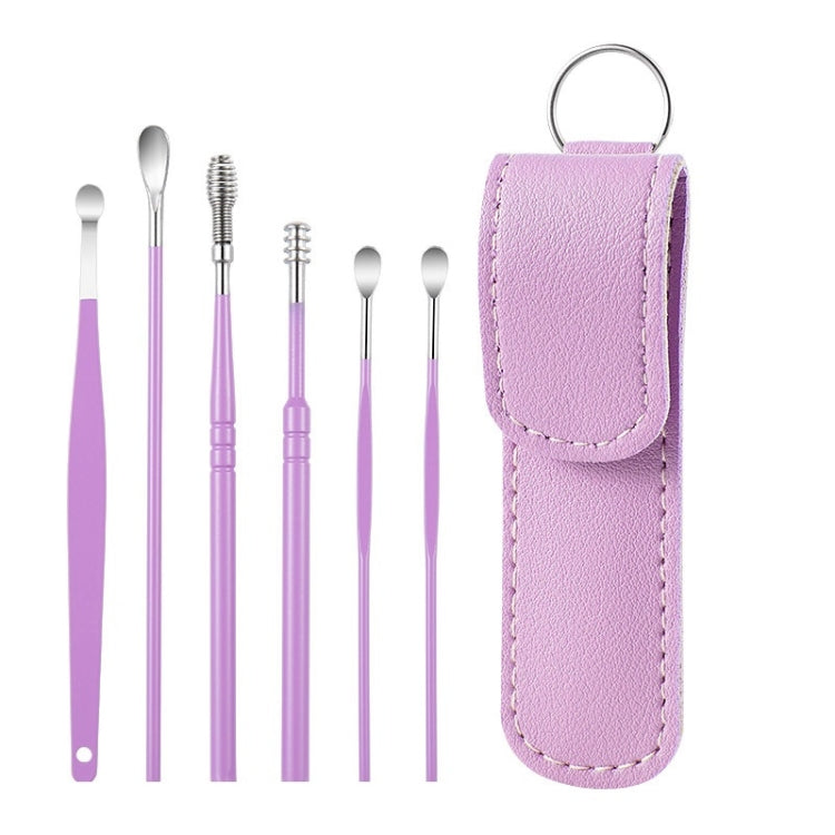 6 In 1 Stainless Steel Spring Spiral Portable Ear Pick, Yellow Leather Case, Pink Leather Case, Yellow, Blue, Pink, Green, Purple, Black