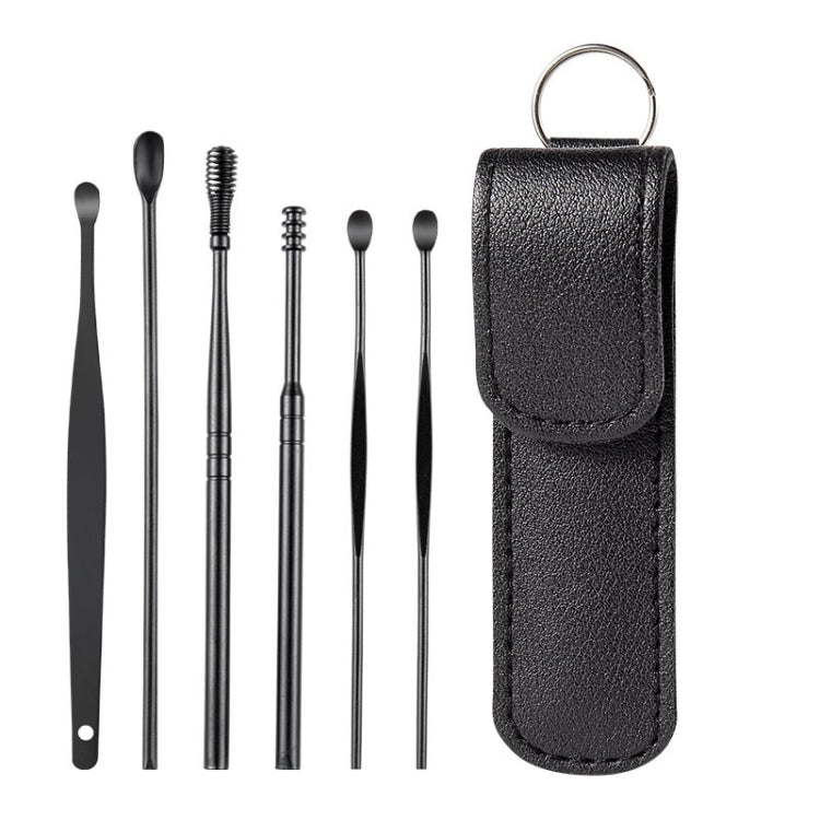6 In 1 Stainless Steel Spring Spiral Portable Ear Pick, Yellow Leather Case, Pink Leather Case, Yellow, Blue, Pink, Green, Purple, Black
