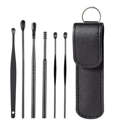 6 In 1 Stainless Steel Spring Spiral Portable Ear Pick, Yellow Leather Case, Pink Leather Case, Yellow, Blue, Pink, Green, Purple, Black
