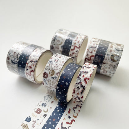 3 Sets/9 Rolls 4585 3m Paper Bronzing Hand Account Tape Set, Rainbow Geometry, Emerald Green, Flower Leaves, Blues, Golden, Magic, Graffiti, Small Latches, Small Bits, Starry Sky