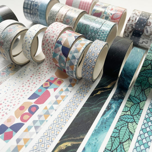 3 Sets/9 Rolls 4585 3m Paper Bronzing Hand Account Tape Set, Rainbow Geometry, Emerald Green, Flower Leaves, Blues, Golden, Magic, Graffiti, Small Latches, Small Bits, Starry Sky