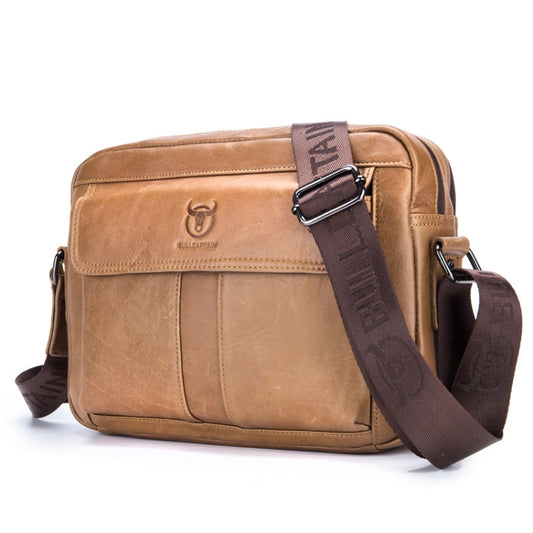 BULL CAPTAIN  Double Layer Leather One Shoulder Messenger Bag For Men, Yellow Brown, Beige, Iron Blue