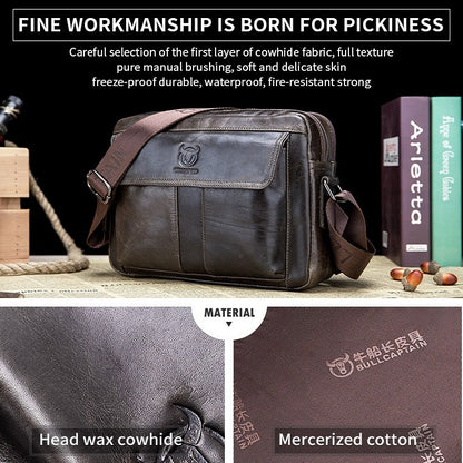 BULL CAPTAIN  Double Layer Leather One Shoulder Messenger Bag For Men, Yellow Brown, Beige, Iron Blue