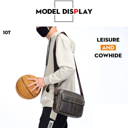 BULL CAPTAIN  Double Layer Leather One Shoulder Messenger Bag For Men, Yellow Brown, Beige, Iron Blue