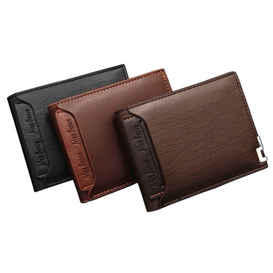 MenBense Short Fashion Leisure Iron Side Pumping Card Clip Wallet, Black, Dark Brown, Light Brown