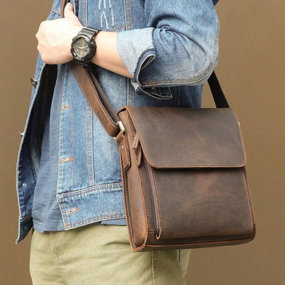 Vintage Crazy Horse Leather Men Shoulder Bag Messenger Bag, Black, Brown, Dark Brown, Brown Yellow