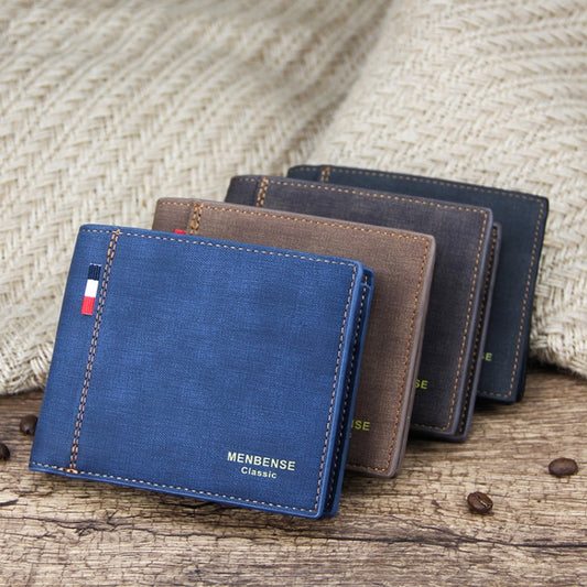 MenBense Frosted PU Short Large Capacity Fashion Retro Three Fold Bag Men Wallet, Black, Navy, Dark Brown, Light-Light