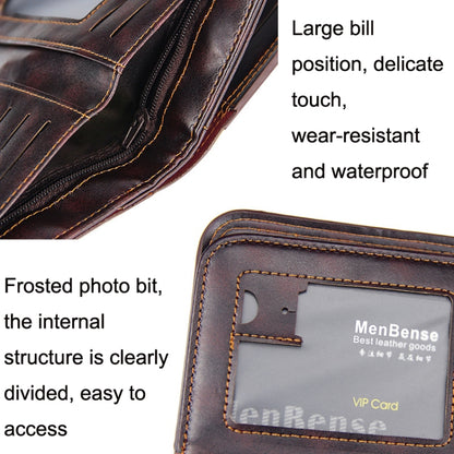 Menbense Short Fashion Leisure Magnetic Buckle Large Capacity 3 Fold Male Wallet, Black, Dark Brown