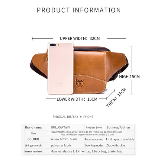BULL CAPTAIN Cowhide Waist Bag Large Capacity Multifunctional Wallet For Men, Black, Yellow Brown