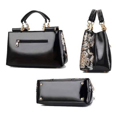Ladies Single Sided Embroidered Shiny Leather Handbag