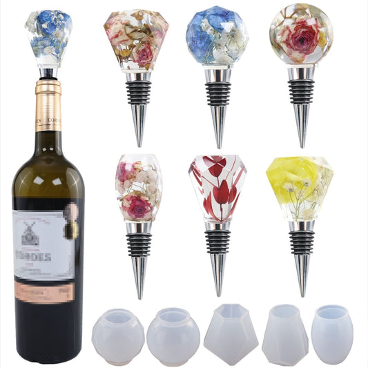 DIY Crystal Epoxy Resin Red Wine Stopper Silicone Mold,Style:, Five Molds, 5 Molds+5 Red Wine Plug