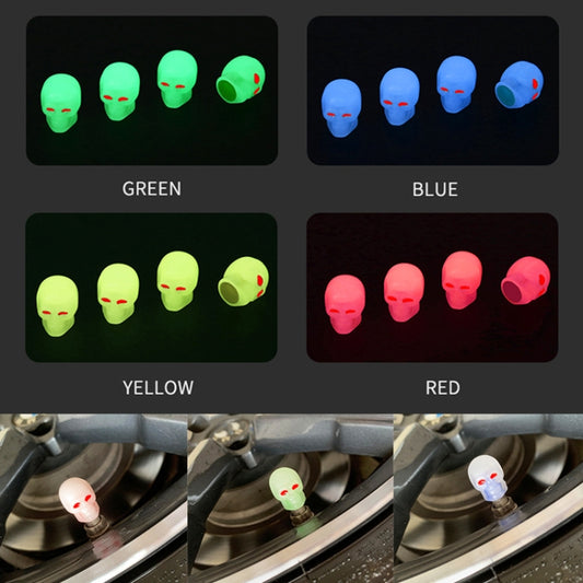 1 Sets Car Tire Luminous Valve Cap Motorcycle Skull Valve Core Cap, 1 Set Red, 1 Set Blue, 1 Set Green, 1 Set Yellow