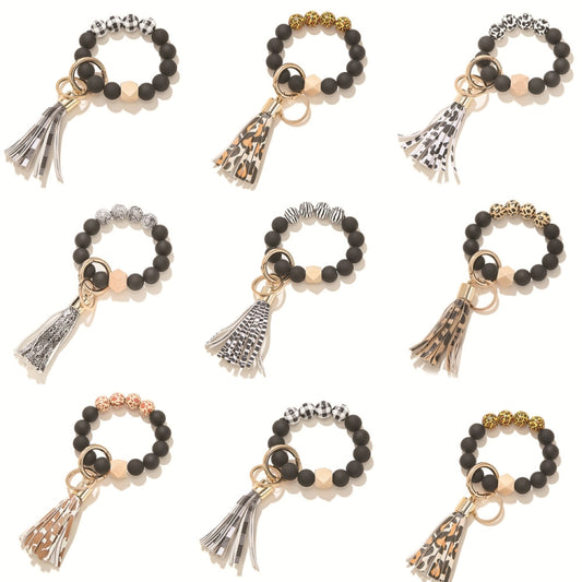 2 PCS Wooden Bead Frosted Bracelet Key Chain Pendant