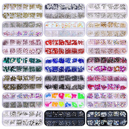 12 Grid Flat Bottom Shaped Nail Rhinestones Nail Decoration, 01, 02, 03, 04, 05, 06, 07, 08, 10, 11, 12, 13, 14, 15, 16, 18, 19, 20, 21, 22, 23, 24, 25, 26, 28