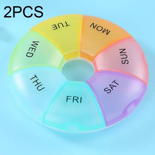 2 PCS Round 7 Days Rainbow Color Portable Pill Box Plastic Seven Grid, Colorful, Black, Light Yellow, Pink, Light Blue, Cyan, Light Green, Orange