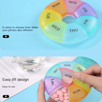 2 PCS Round 7 Days Rainbow Color Portable Pill Box Plastic Seven Grid, Colorful, Black, Light Yellow, Pink, Light Blue, Cyan, Light Green, Orange