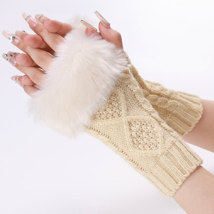 Ladies Short Type Furry Gloves Diamond Knit Warm Fingerless Arm Sleeves