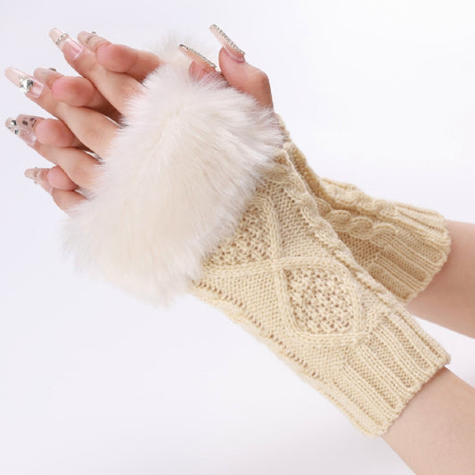 Ladies Short Type Furry Gloves Diamond Knit Warm Fingerless Arm Sleeves
