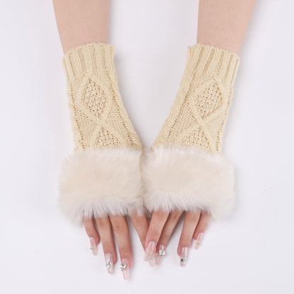 Ladies Short Type Furry Gloves Diamond Knit Warm Fingerless Arm Sleeves