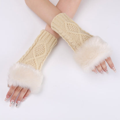 Ladies Short Type Furry Gloves Diamond Knit Warm Fingerless Arm Sleeves