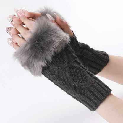 Ladies Short Type Furry Gloves Diamond Knit Warm Fingerless Arm Sleeves