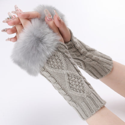Ladies Short Type Furry Gloves Diamond Knit Warm Fingerless Arm Sleeves