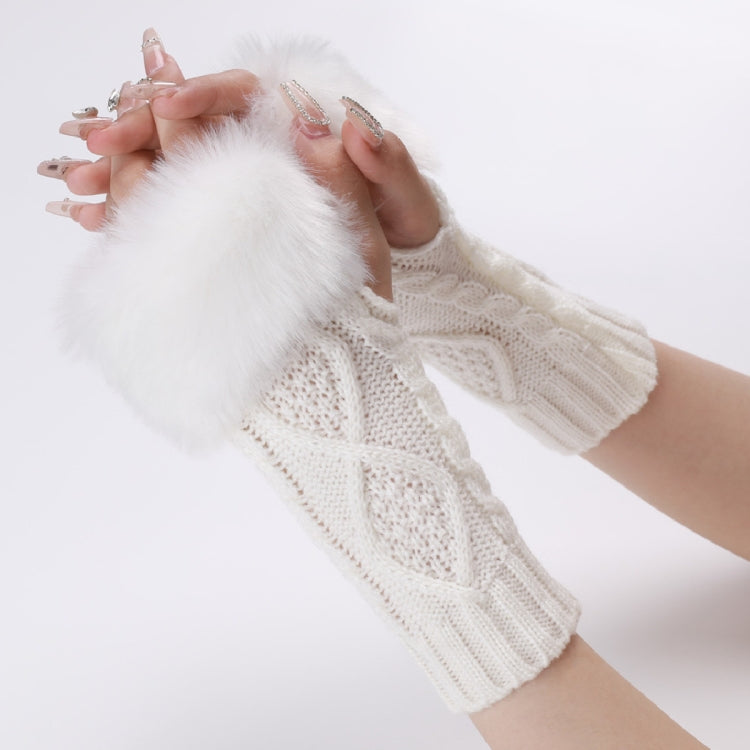 Ladies Short Type Furry Gloves Diamond Knit Warm Fingerless Arm Sleeves