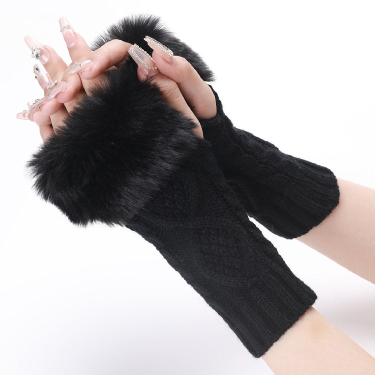 Ladies Short Type Furry Gloves Diamond Knit Warm Fingerless Arm Sleeves
