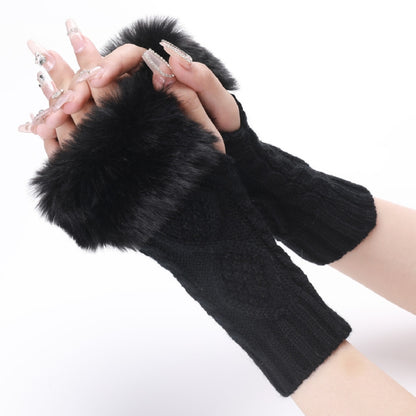Ladies Short Type Furry Gloves Diamond Knit Warm Fingerless Arm Sleeves
