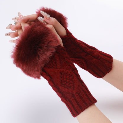 Ladies Short Type Furry Gloves Diamond Knit Warm Fingerless Arm Sleeves
