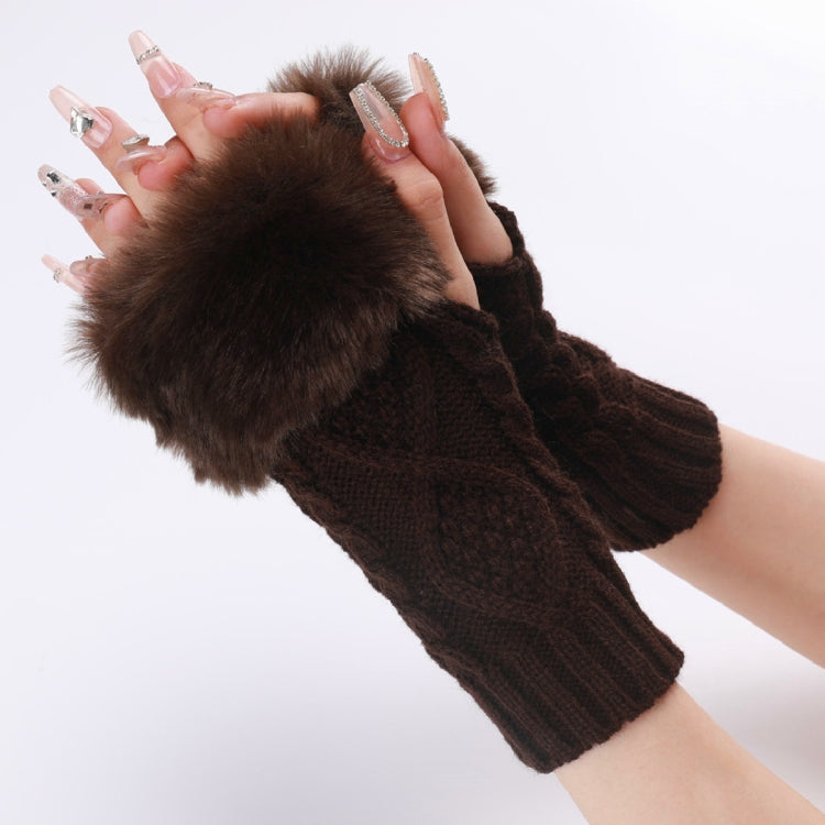 Ladies Short Type Furry Gloves Diamond Knit Warm Fingerless Arm Sleeves
