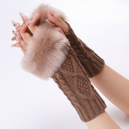 Ladies Short Type Furry Gloves Diamond Knit Warm Fingerless Arm Sleeves