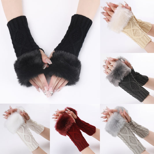 Ladies Short Type Furry Gloves Diamond Knit Warm Fingerless Arm Sleeves