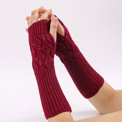 Winter Men and Women Knitted Jacquard Leaves Cycling Warm Fingerless Wool Gloves
