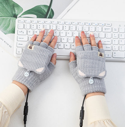 Winter Office USB Heating Warm Half Finger with Cover Gloves Heated Pad