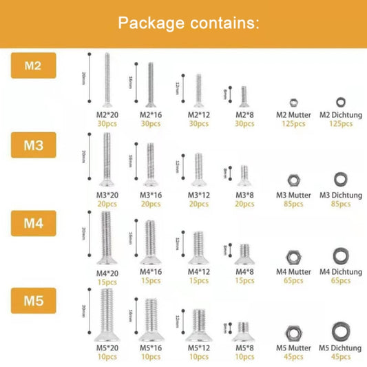 M2/M3/M4/M5 Flat Head Hexagon Socket Screws Gasket Ring Set, 940 PCS/Set