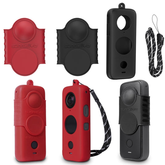 جراب حماية من السيليكون من Sunnylife ST-Q9420 لكاميرا Insta360 One X2، جراب أسود للجسم + حبل قصير لكاميرا Insta360 One X2، جراب شاشة عدسة أحمر لكاميرا Insta360 One X2، جراب شاشة عدسة أسود لكاميرا Insta360 One X2