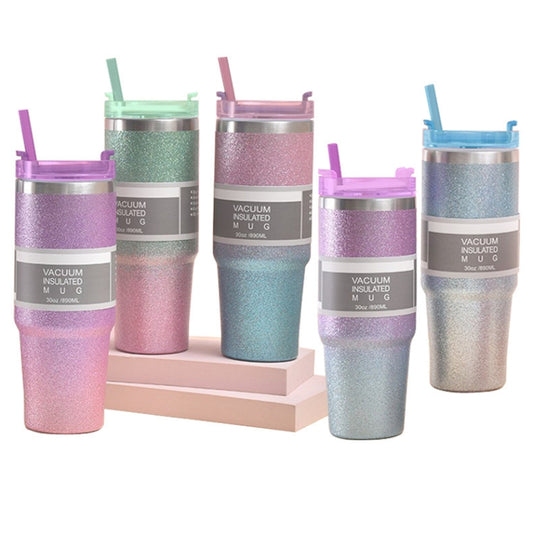 Glitter Insulation Coffee Cup Double Layer Ice Cup Stainless Steel Car Cup With Straw, 20oz, 30oz