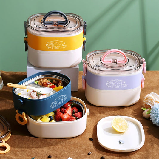 Large Capacity Oval Divided Portable Office Insulation Lunch Box, 600ml (Stainless Blue), 600ml (Stainless Yellow), 600ml (Stainless Purple), 1.2L (Stainless Blue), 1.2L (Stainless Yellow), 1.2L (Stainless Purple), 600ml (Plastic Blue)�����������������...