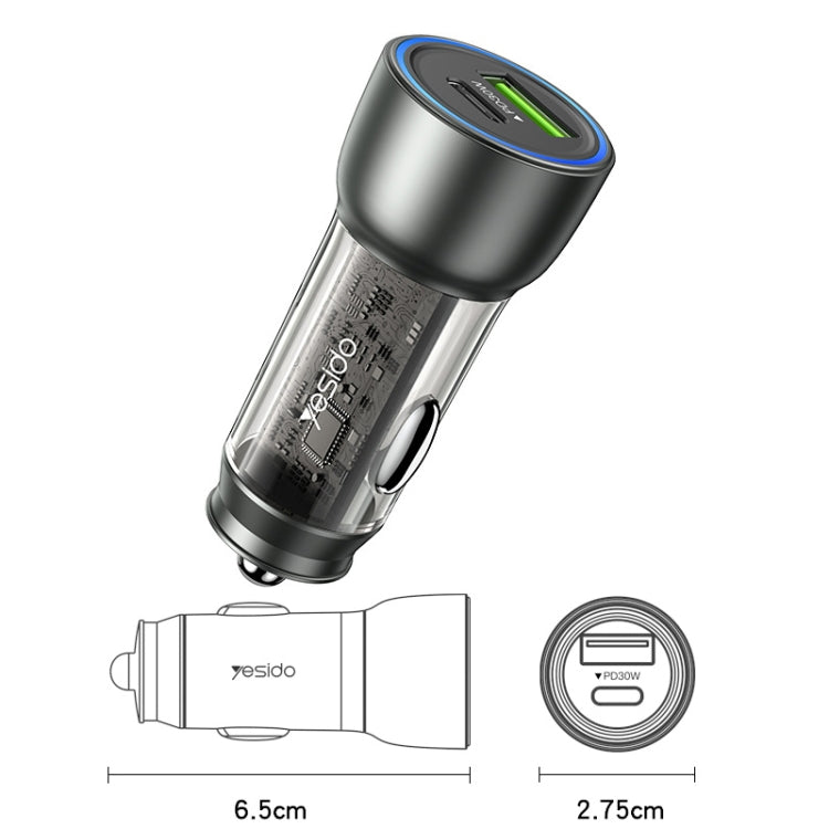شاحن سيارة سريع USB3.0 من يسيدو Y49، 30 واط، بتقنية PD الشفافة، شحن سريع، Y49