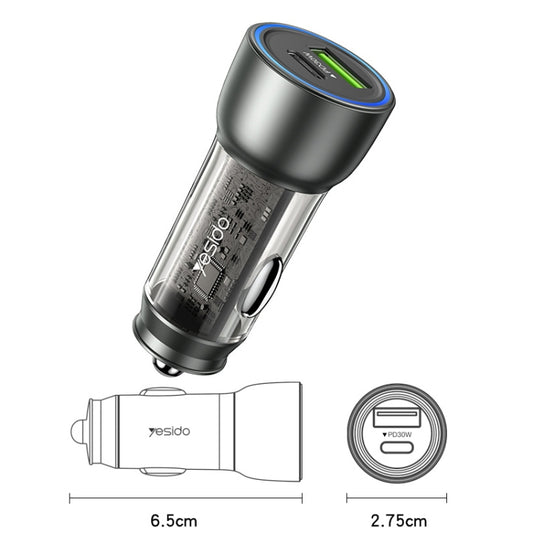 شاحن سيارة سريع USB3.0 من يسيدو Y49، 30 واط، بتقنية PD الشفافة، شحن سريع، Y49