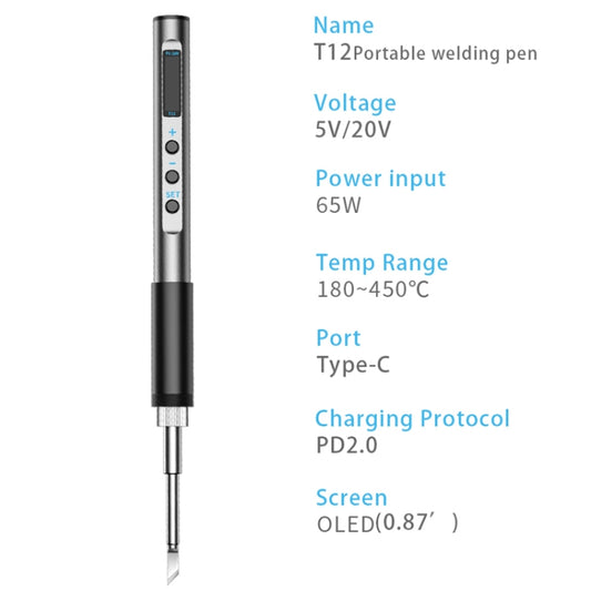 PTS100 Intelligent Portable Digital Display Small Constant Temperature Repair Soldering Iron PD65W Powered Mini Soldering Station, T12-K, T12-BC2, T12-I