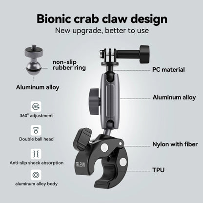 TELESIN  Aluminum Alloy Crab Claw Handlebar Tube Clamp For Sports Camera Mobile Phones