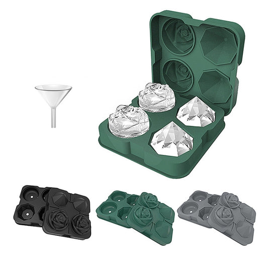 4-Holes Rose Diamond Shape Cocktail Ice Cube Molds Silicone Ice Ball Maker, Rose Shape (Grey), Rose Shape (Dark Green), Rose Shape (Black), Rose Shape (Black with Ice Clip), Rose Shape (Gray with Ice Clip), Rose Shape (Dark Green with Ice Clip)