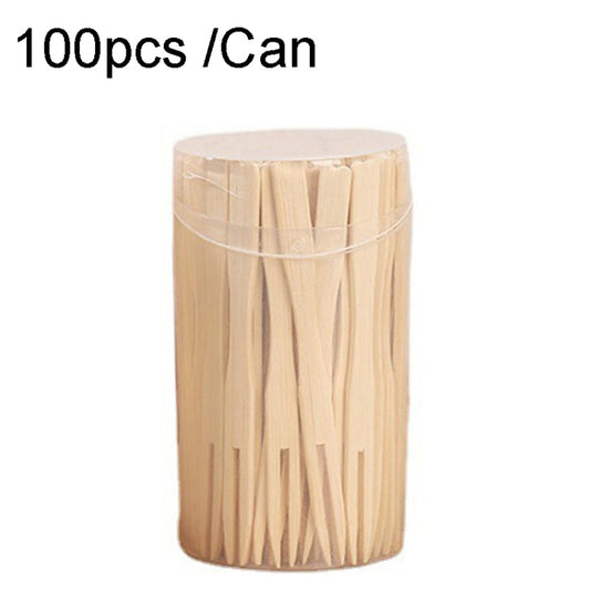 Bamboo Fruit Stick Disposable Two Tines Dessert Fork For Home Use, 100pcs /Can, 200pcs /Can